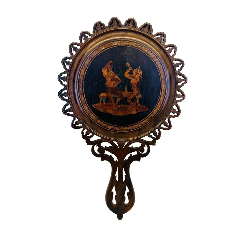 Antique‎ Italian Inlaid On Both Sides Hand-Carved Parquetry Mirror